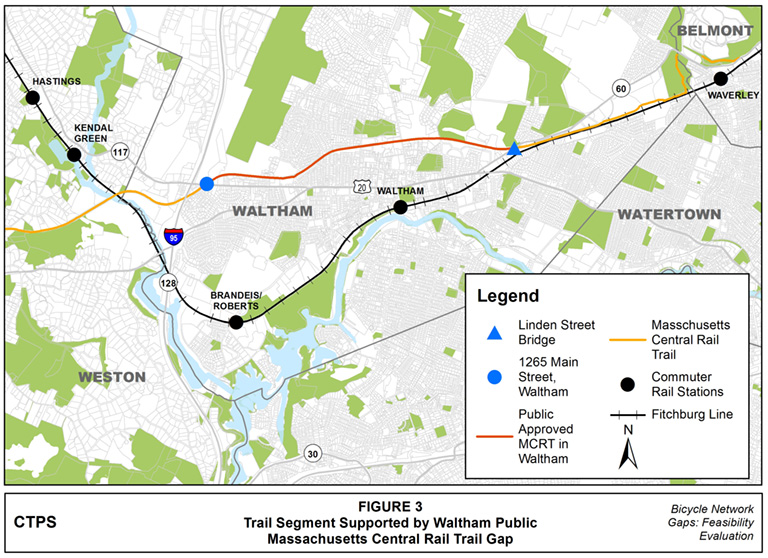 Figure 3 – Map showing the Waltham segment from the Linden Street Bridge to 1265 Main Street of the Massachusetts Central Rail Trail gap where there is public support for the rail trail. Figure 3 – Map showing the Waltham segment from the Linden Street Bridge to 1265 Main Street of the Massachusetts Central Rail Trail gap where there is public support for the rail trail.
